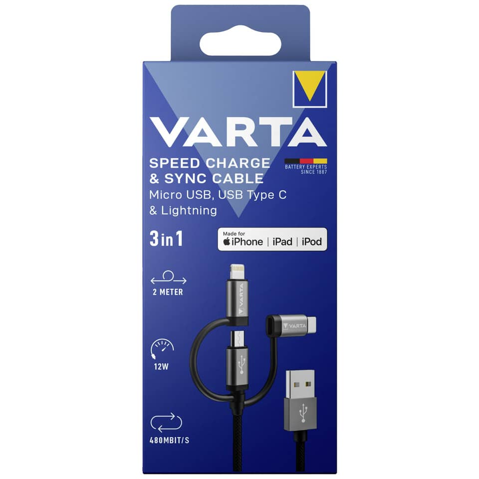 Ladekabel, USB-C, Lightning, 3in1, Varta