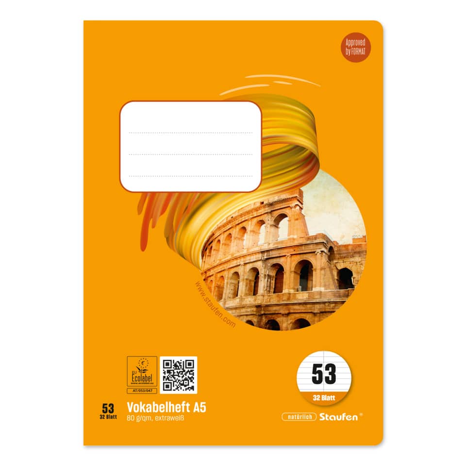 orange notebook, A5 notebook, spiral design, Colosseum image, 58 pages