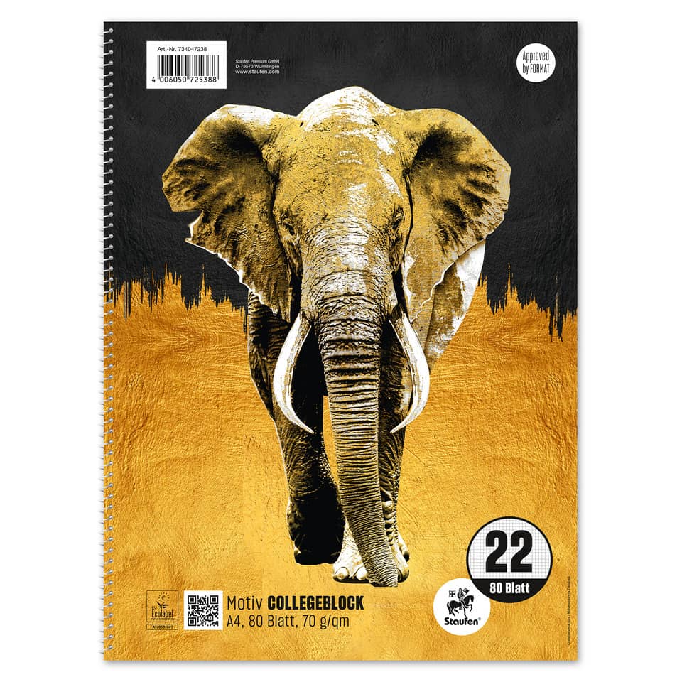 elefant, notizblock, spiralbindung, kunstprint, gold schwarz