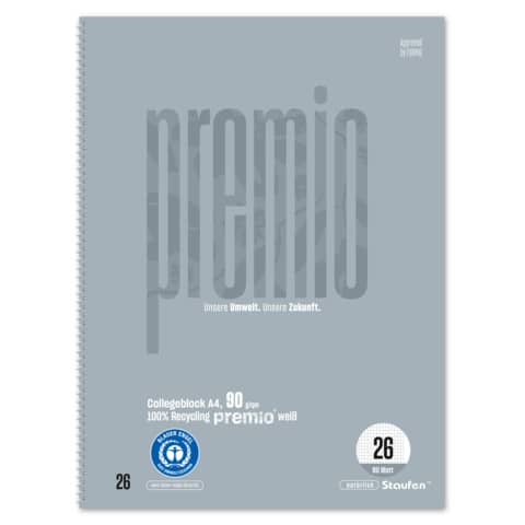 Collegeblock Premio, 90 g/qm, DIN A4, 5mm kariert mit Rand, 80 Blatt STAUFEN PREMIO 040835026