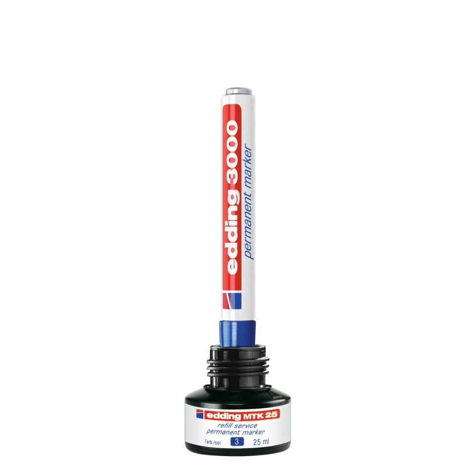 Permanentmarker, Markerstift, Tintenflasche, Blaues Tinten, 25 ml, Permanent marker, Marker pen, Ungefärbte Tinte, 25 ml, Edding 3000