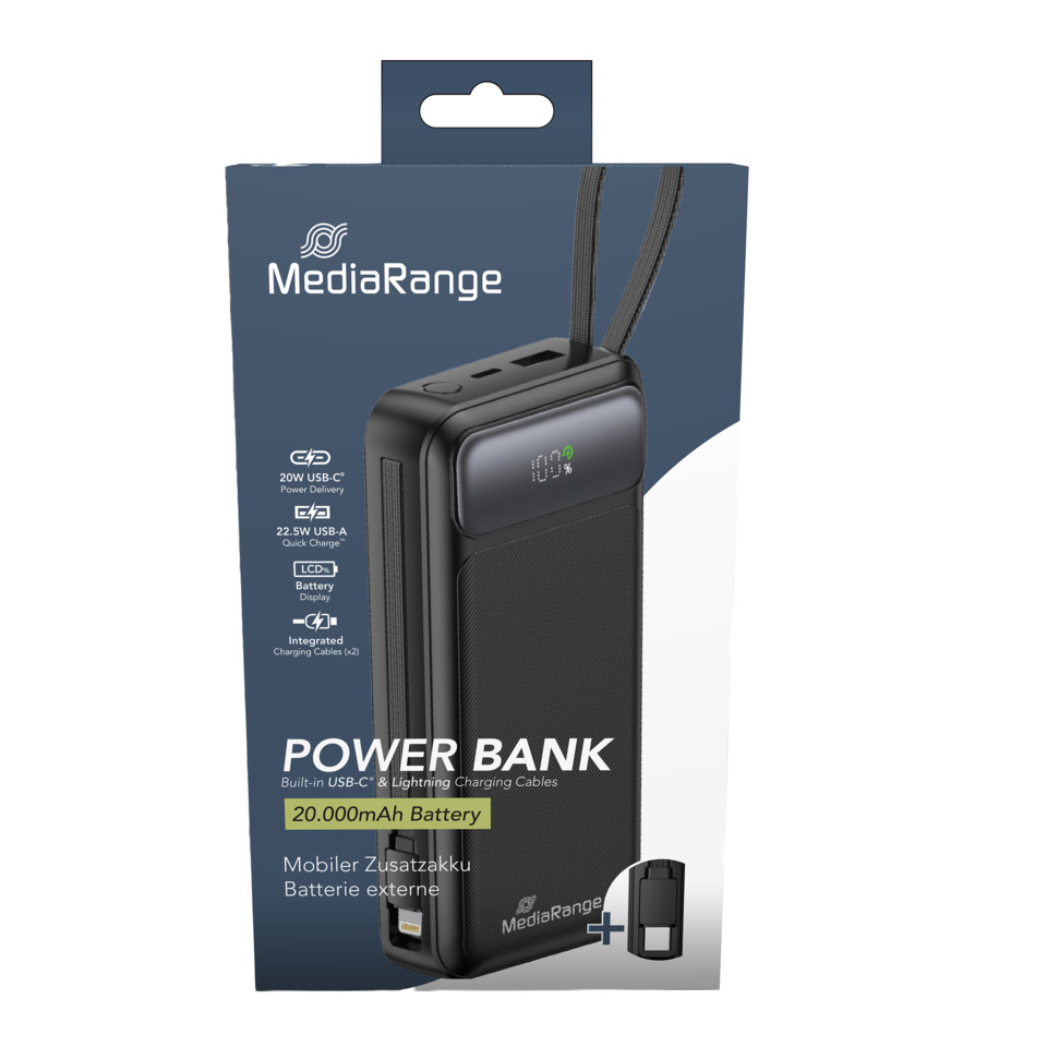 Power bank, 20.000mAh, USB-C, LED display, integrierte Kabel