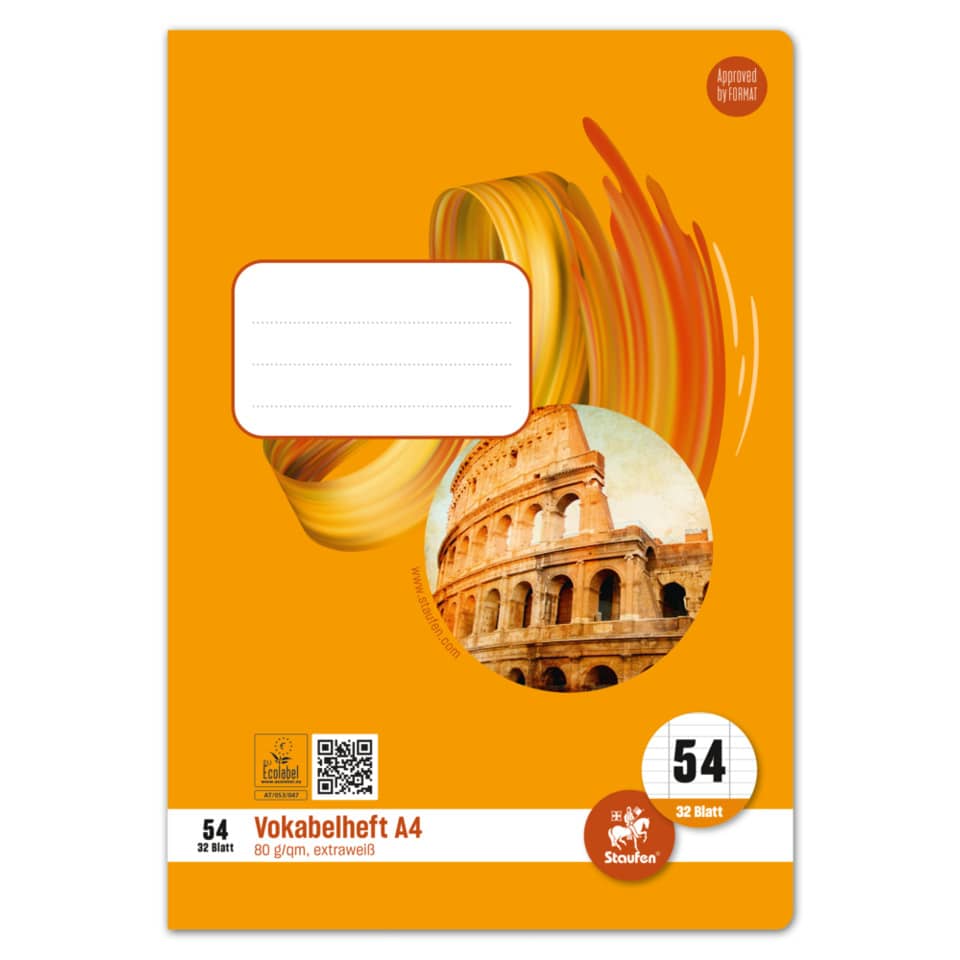 A4 Notizbuch, Vokabelheft, orangenes Cover, Spiraldesign, Kolosseum-Bild