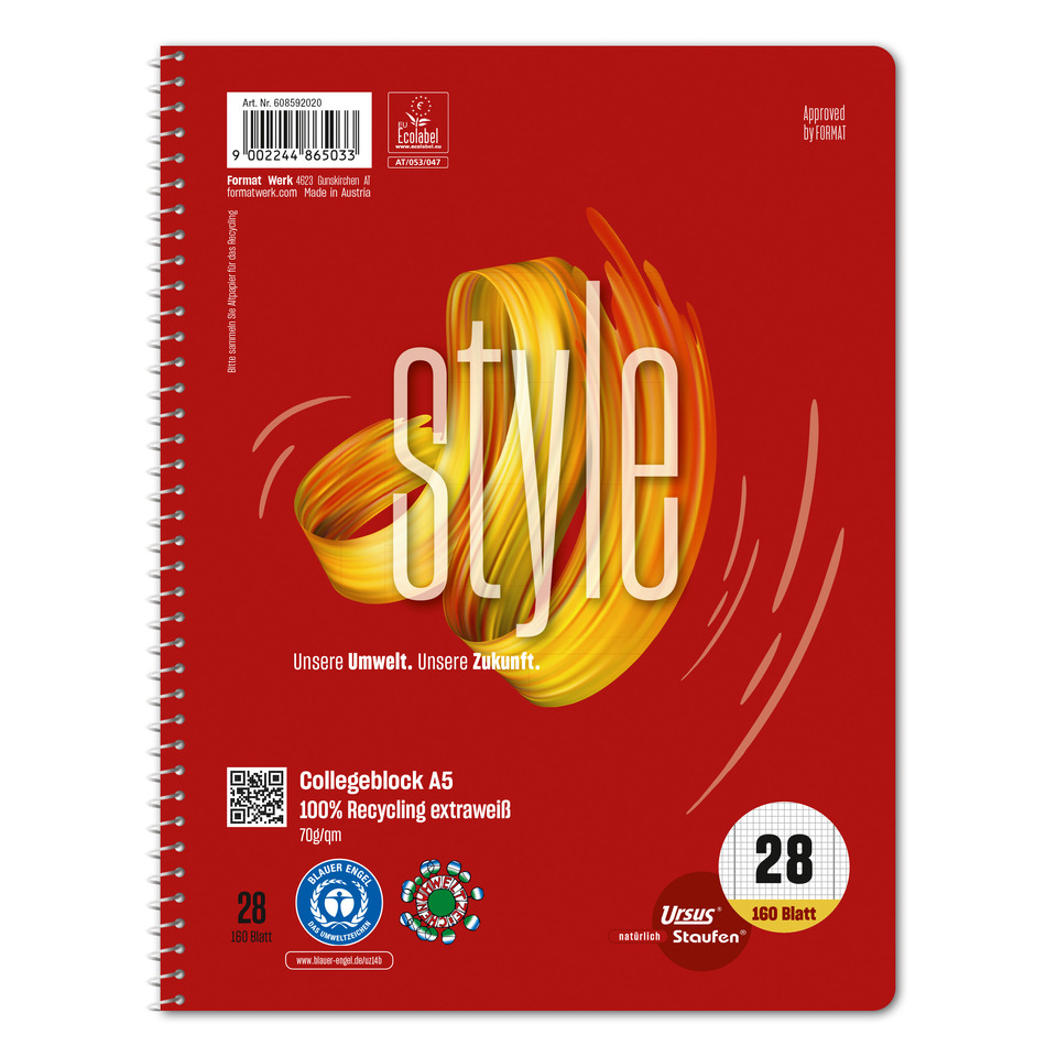 Collegeblock, A5, 70g/m², 160 Blatt, Lin.28, kariert STAUFEN GREEN 608592020