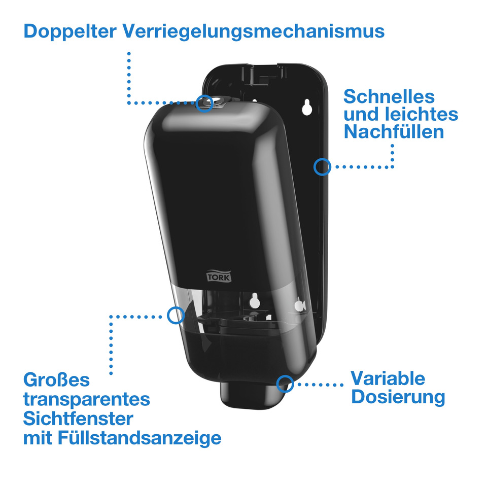 Handheld soap dispenser, Wall-mounted, Transparent window, Variable dosing, Compact black