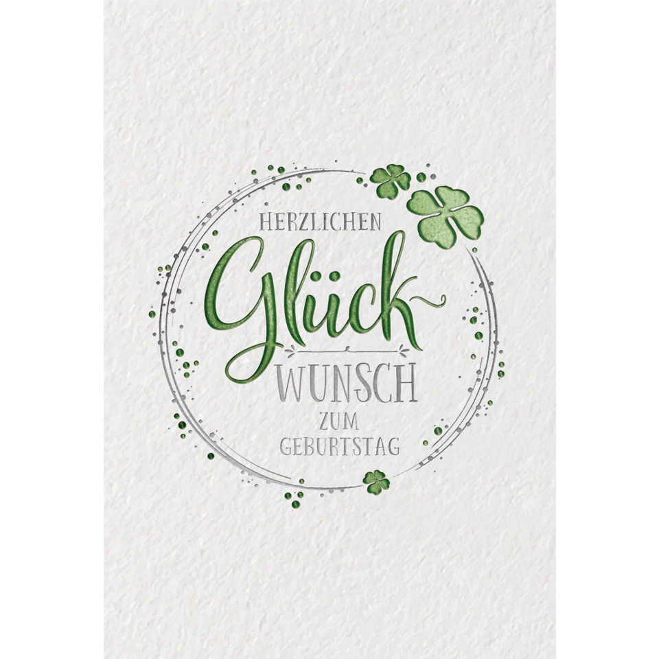 Grußkarte, Geburtstag, Kleeblatt, Grüner Schriftzug, Kreisrahmen