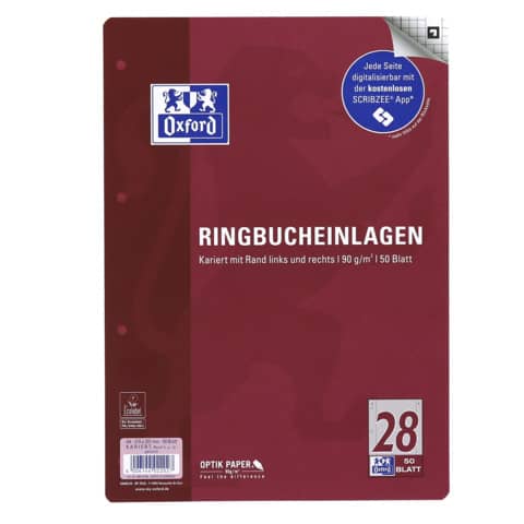 Ringbucheinlage, A4, 90g/m², 50 Blatt, Lin.28, liniert, pflaume OXFORD 400131584