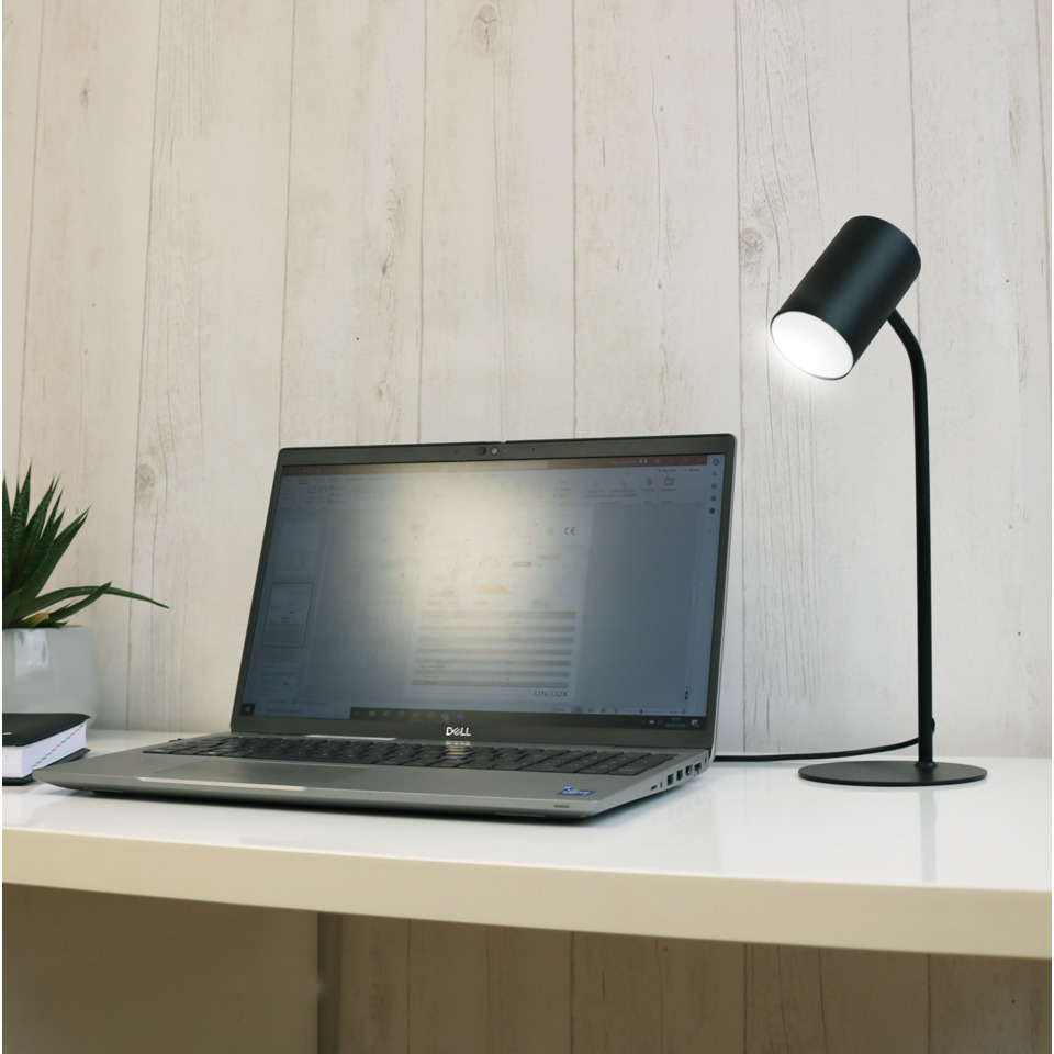 laptop, schreibtisch-setup, lampe, holzpaneel, pflanze