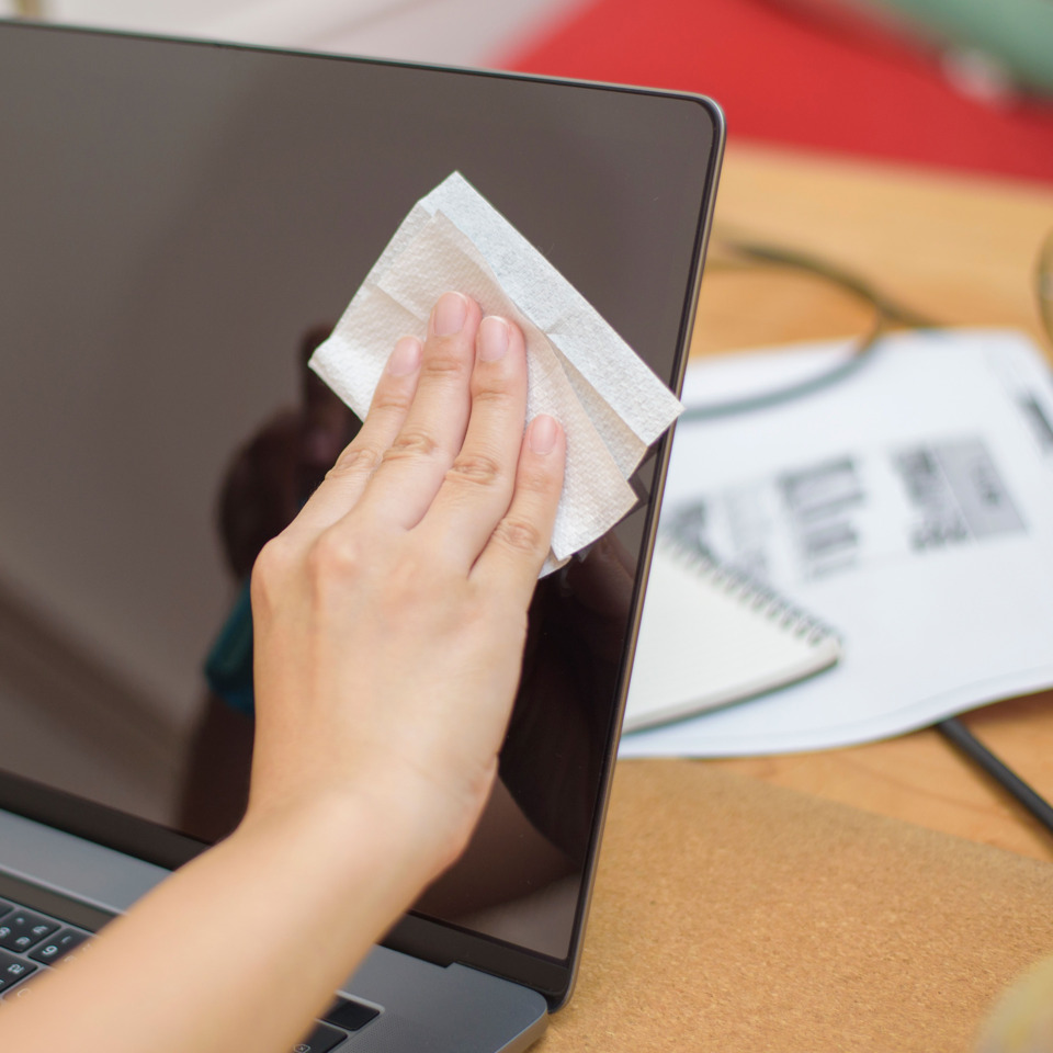 Laptop, Bildschirm, Reinigung, Tuch, Hand