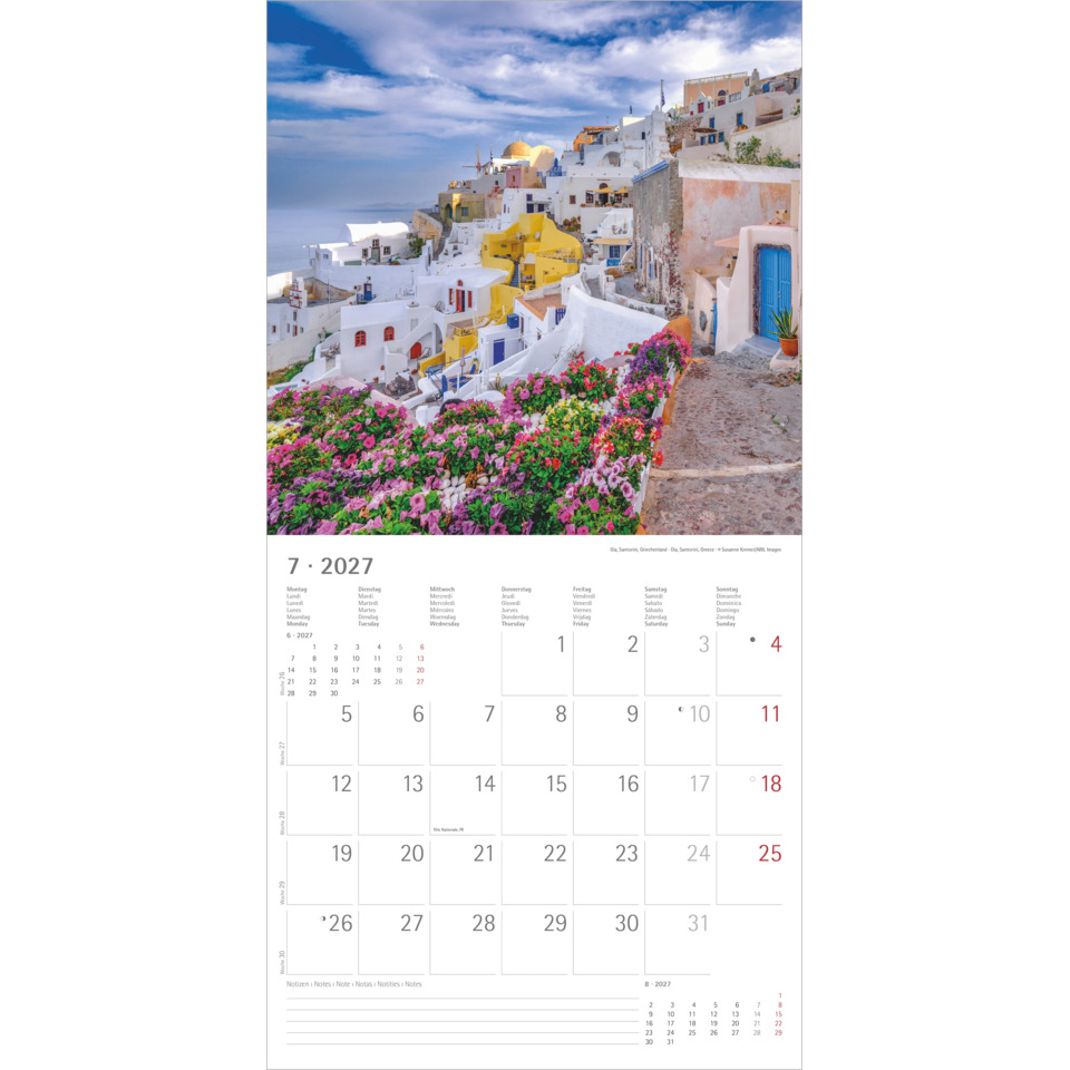 Klippenlandschaft, weißes Häusermeer, Blumen, Sommerlandschaft, Kalenderbild