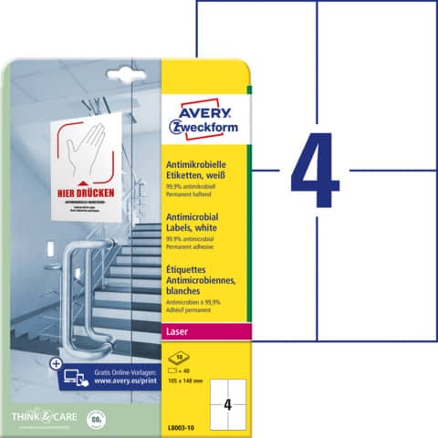 Antimikrobielle Etiketten, 105x148mm, 40 Stück, weiß AVERY ZWECKFORM L8003-10
