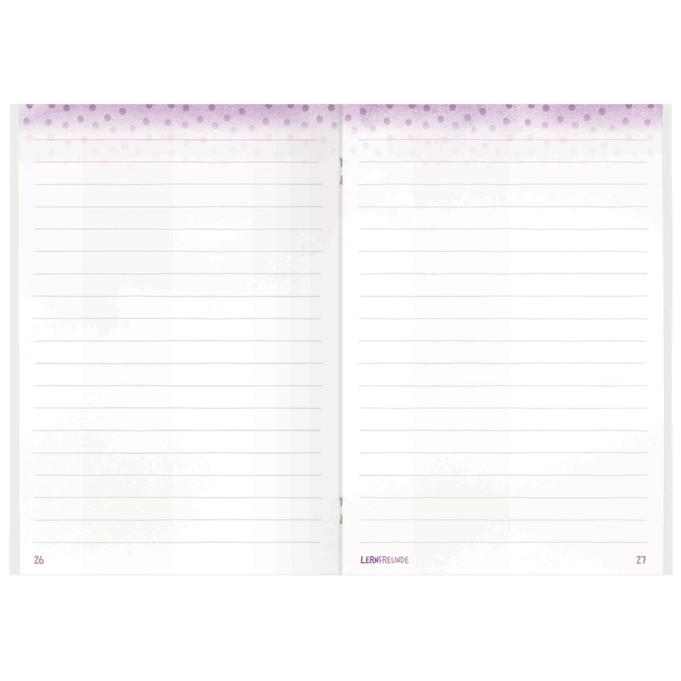 Notizbuch, lineare Seiten, lila Verlauf, Punktenmuster, offenes Heft
