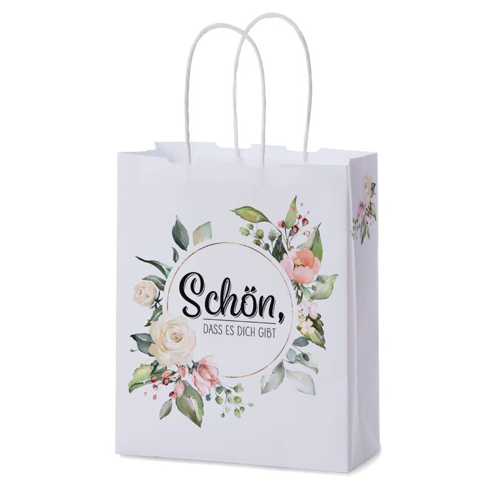 geschenkbeutel, geschenkverpackung, blumenmuster, weiß, cirkeltext