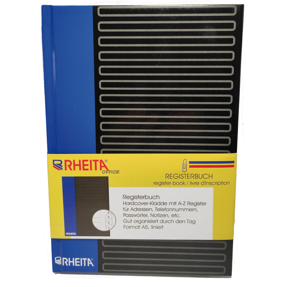 Registerbuch, A5, 96 Blatt, liniert, schwarz/blau RHEITA 955-41