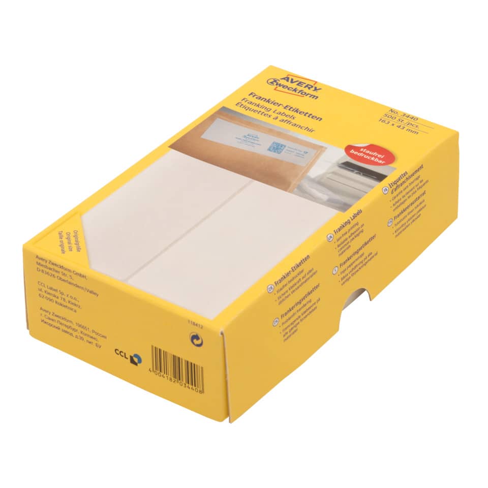 Klebebandetiketten, Frankierungsetiketten, Etikettenrolle, Preisetiketten, Kartonverpackung