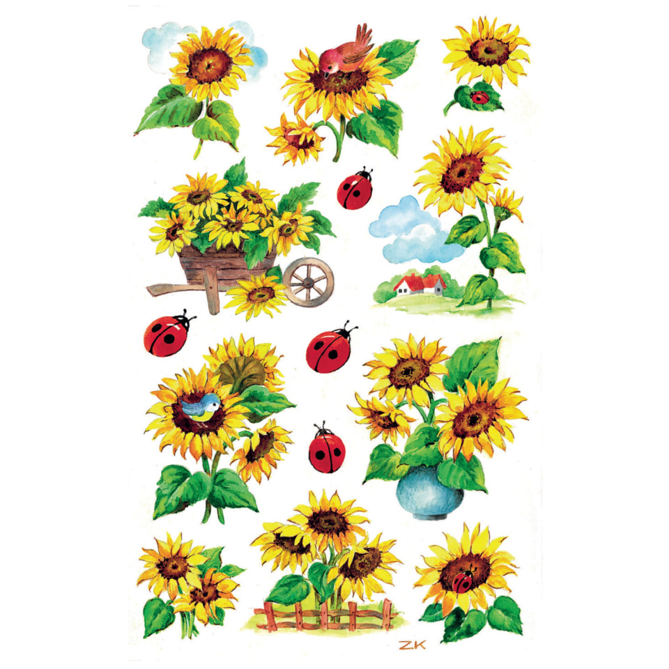 sonnenblumen, sonnenblumenstrauß, marienkäfer, vogel, handwagen