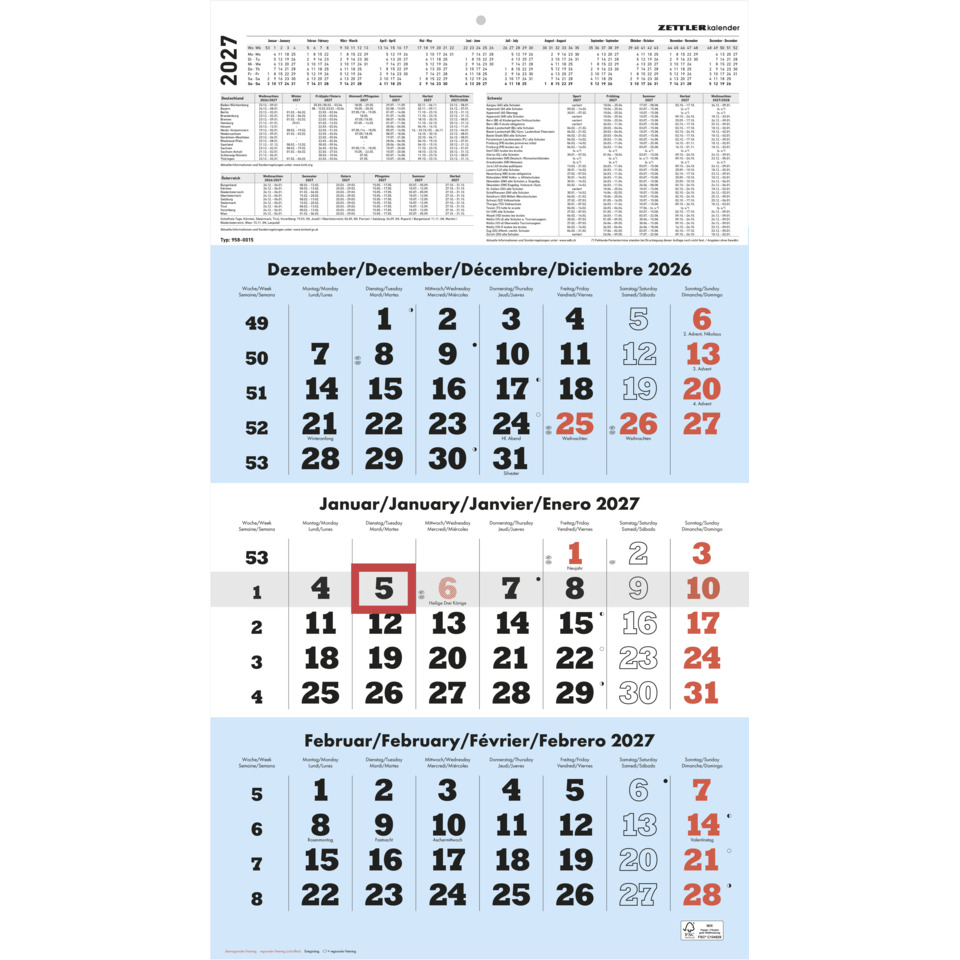 3-Monats-Wandkalender 2026, 29,7 x 57 cm, 3M/1S, blau ZETTLER 150101
