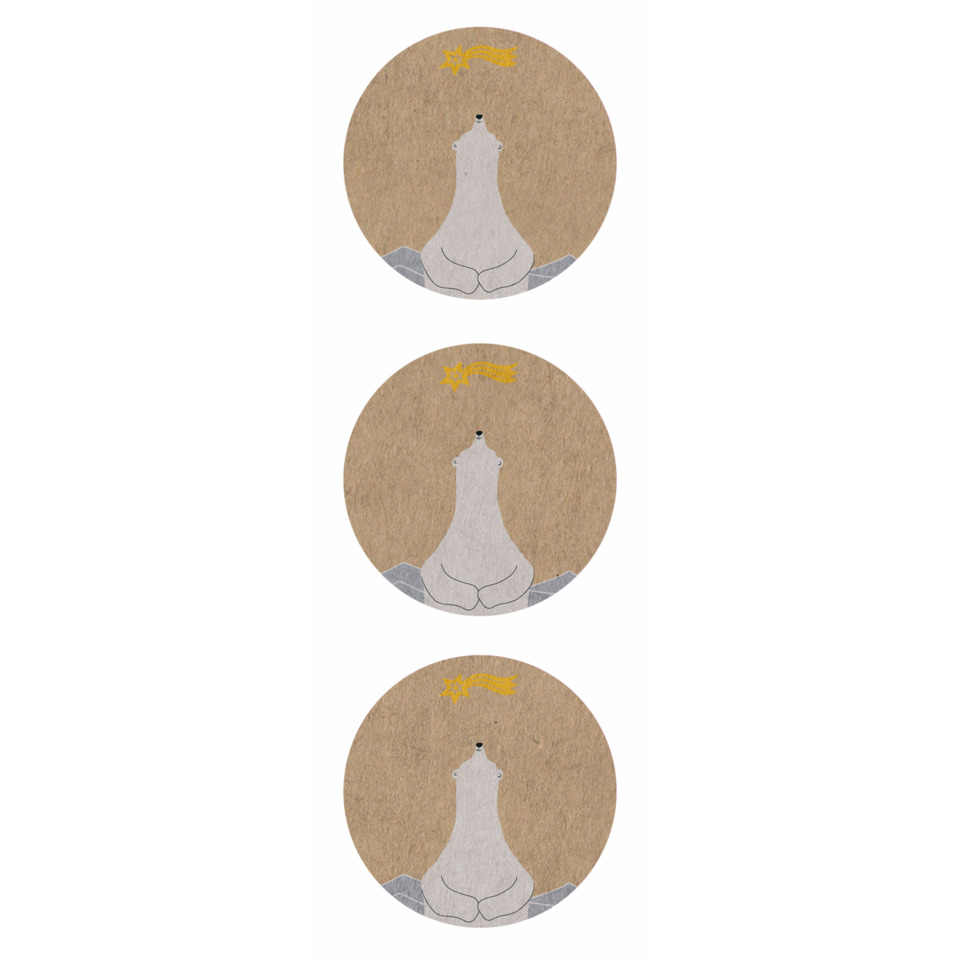 Polar bear, runde sticker, goldener stern, Berglandschaft, brauner Hintergrund