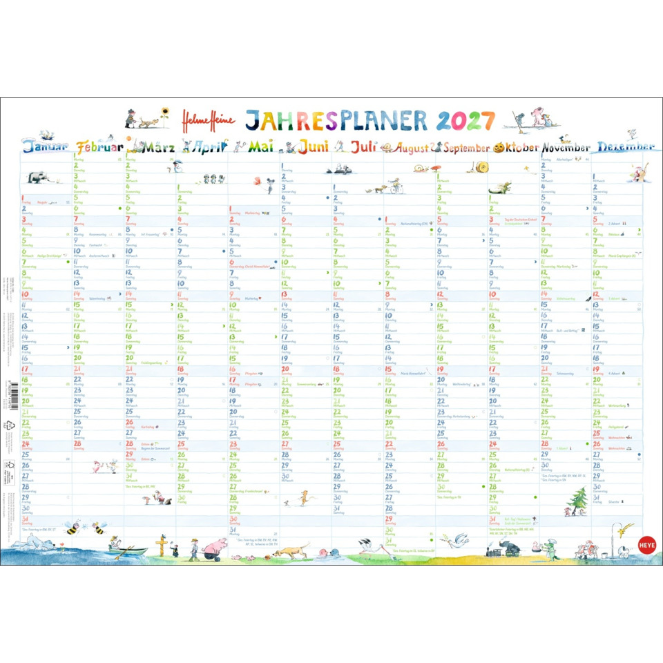 Jahresplaner 2027, Kalender, Monatskalender, A4-Format, Illustrationen