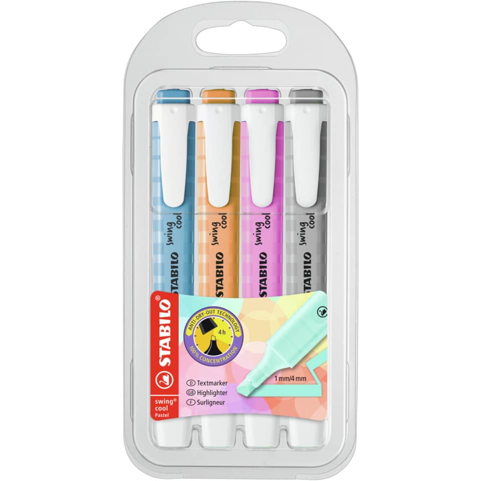 Textmarker, Pastell, Highlighter, 4-Farben, Auslaufende Spitze