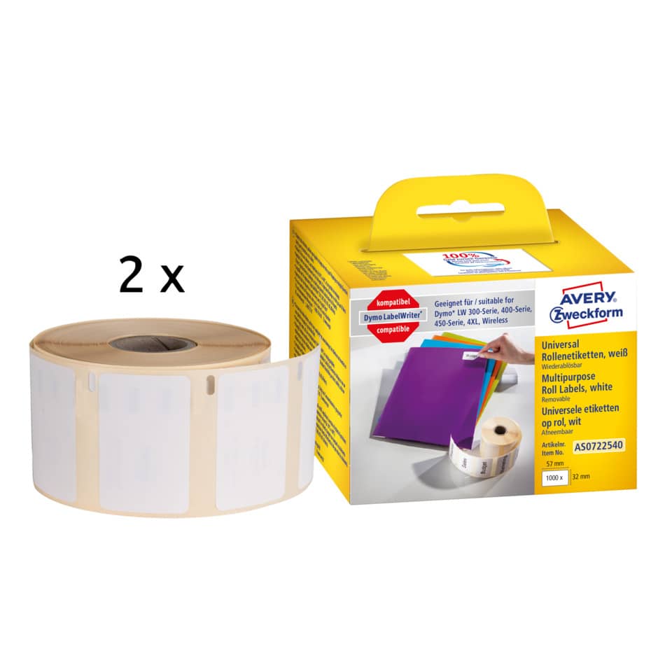 Rollen-Etiketten ablösbar, 32x57mm, 1000 Stück, weiß AVERY ZWECKFORM AS0722540