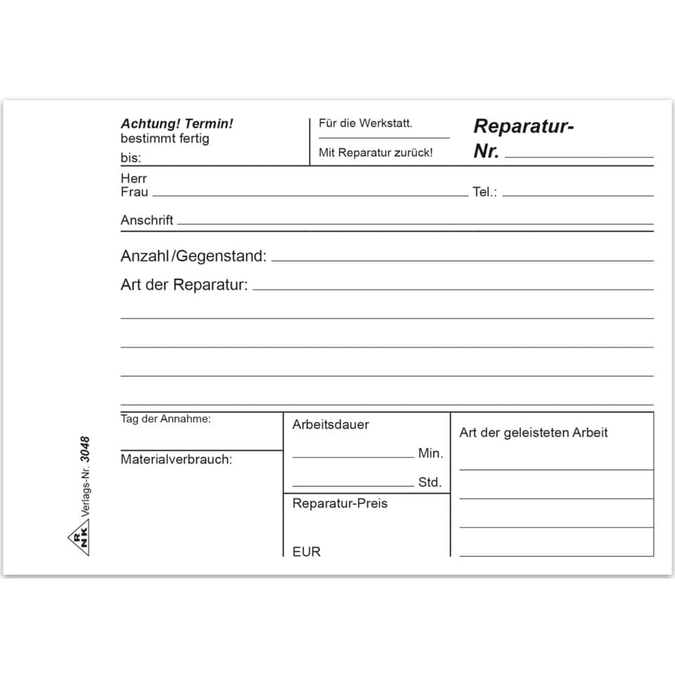 Reparaturformular, Werkstatt, Reparaturkarte, Auftragsformular, Preis EUR