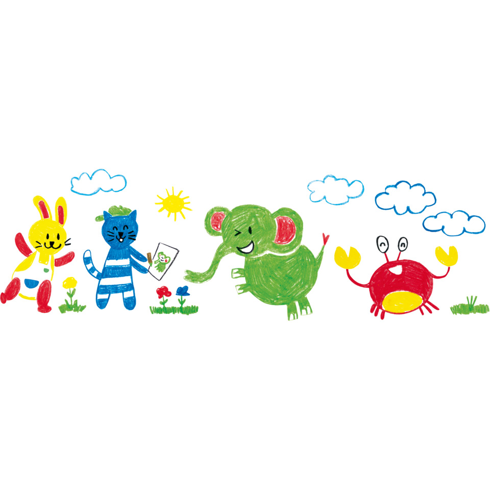Kinderzeichnung, Tierfiguren, Elefant, Krabbe, Gartenfarben