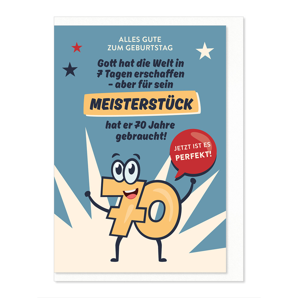 Geburtstag, Kartenmotiv, Meisterstück, 70 Jahre, Comic-Stil