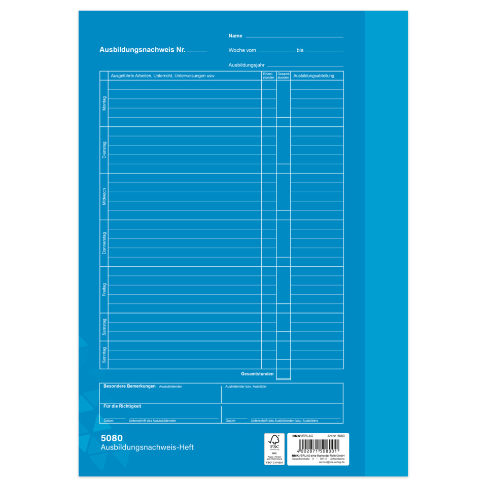 Ausbildungsnachweis, Heft, Formular, Zweck: Ausbildung, Rückseite