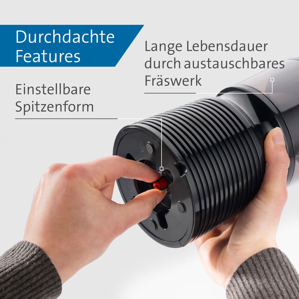 Gravierte Handgriffe, Gummierte Griffform, Teleskopischer Shaker, Rotes Innenelement, Einrastmechanismus