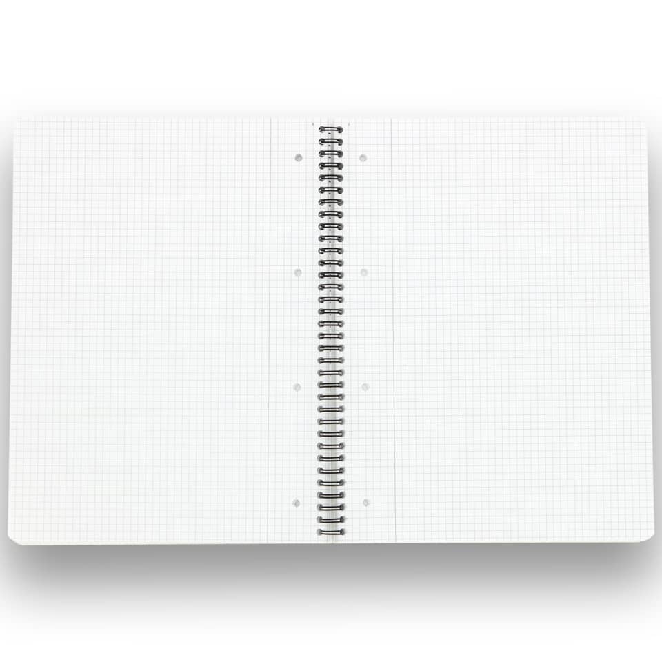 notebook, spiral-bound, grid paper, white, open notebook