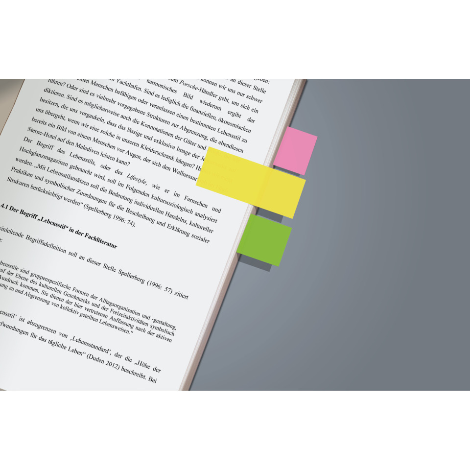 offenes Dokument, Buchseite, Haftnotizen, Post-its, pink gelb grün
