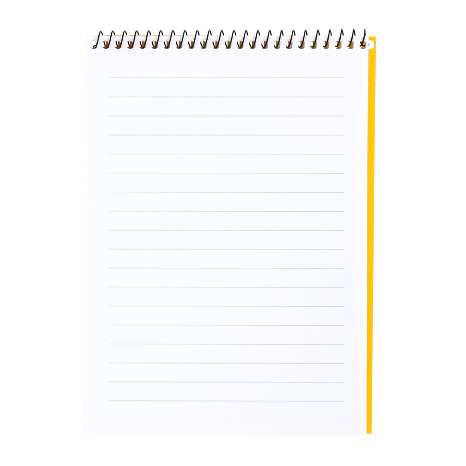 Notizbuch, Spiralbindung, Lineaturpapier, gelbe Einbandseite, weißes Papier