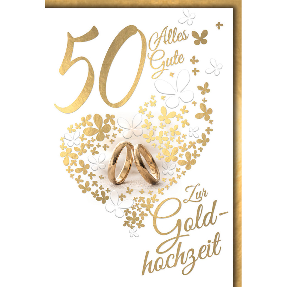 hochzeitskarte, goldfarben, ringe, blumenmuster, 50-jahre