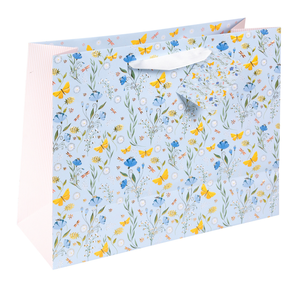 Geschenktüte, Geschenkverpackung, Blumenmuster, Schmetterlinge, Pastellblau