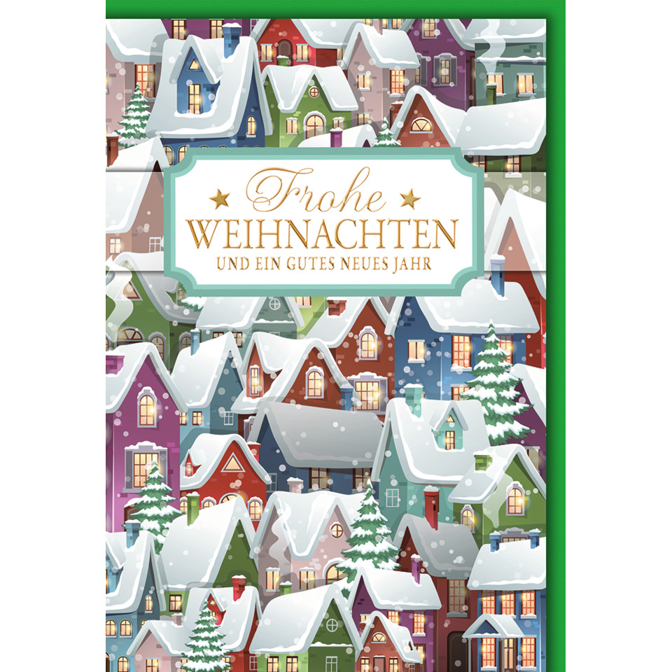weihnachten, postkarte, winterlandschaft, grüner rand, farbenfrohe stadt