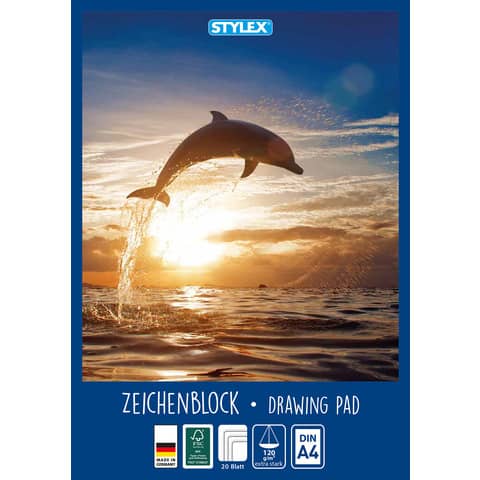 Zeichenblock, A4, 120g/m², kopfgeleimt, 20 Blatt, sortiert STYLEX 41302
