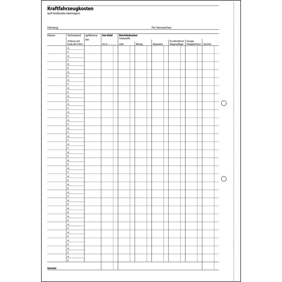 Formblatt, Kraftfahrzeugkosten, Dokument, Kostenblatt, Tabelle