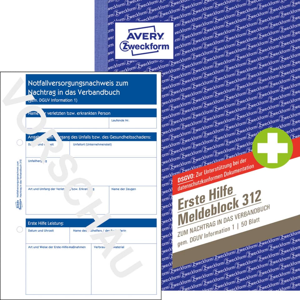 Notfallversicherungsnachweis, Erste Hilfe, Meldeblock, Verbandbuch, DGUV Information