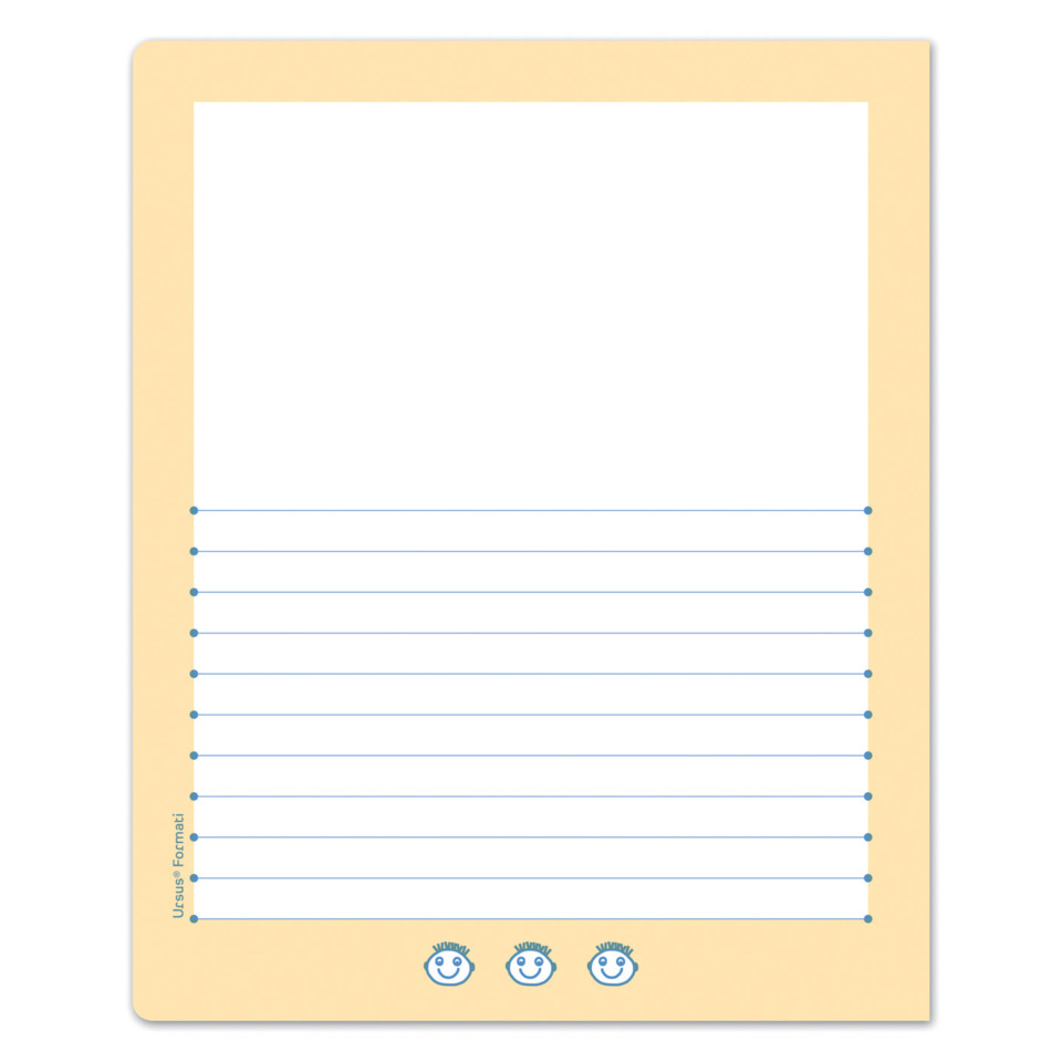 notebook, linierte seiten, gelbes cover, blaue linien, prüfmarken