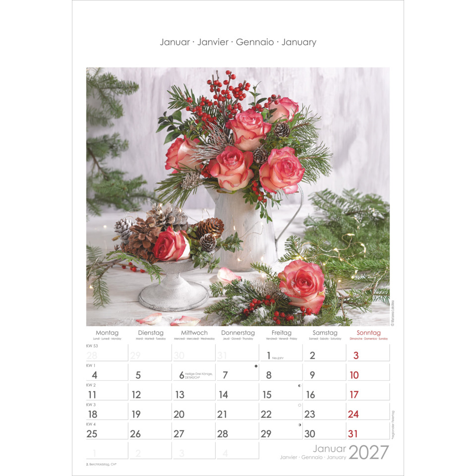 Blumenstrauß, Rosen, Kugelpflanze, Weihnachtlich, Kalenderbild