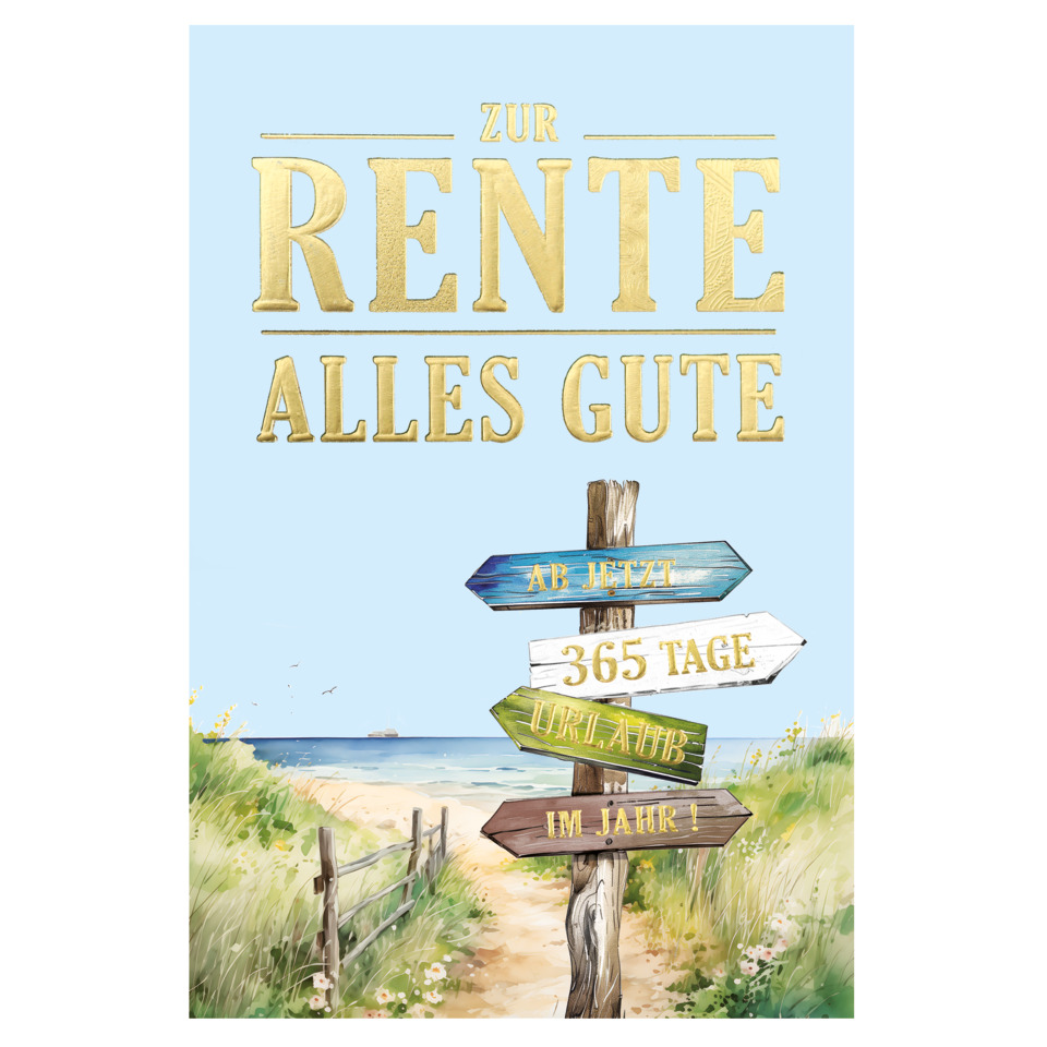 Ruhestandsposter, Strandillustration, Wegweiser, Goldene Schrift, Abschiedsgeschenk