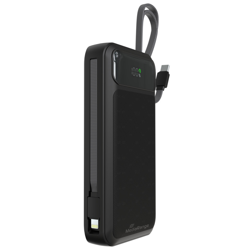 Powerbank, USB-C, Kabelloses Laden, LED-Anzeige, Kohle-Schwarz
