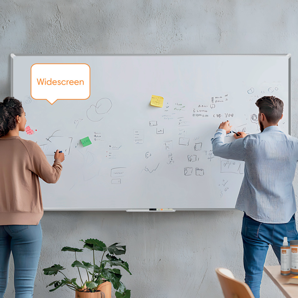 whiteboard, boardroom, two people, markers, sticky notes