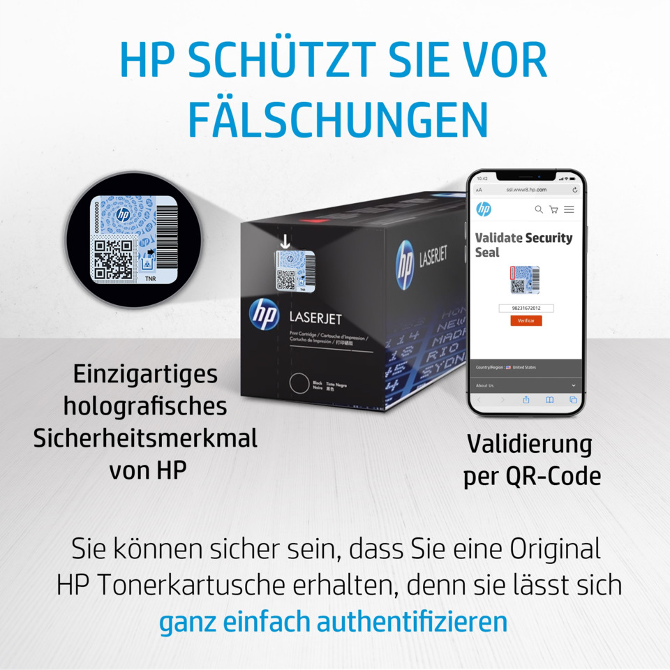 LaserJet, Tintenpatrone, QR-Code, Sicherheitsmerkmal, HP-Original