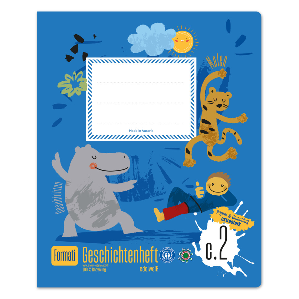 Schulheft, Geschichtenheft, Format Papier, blau, Tierillustrationen