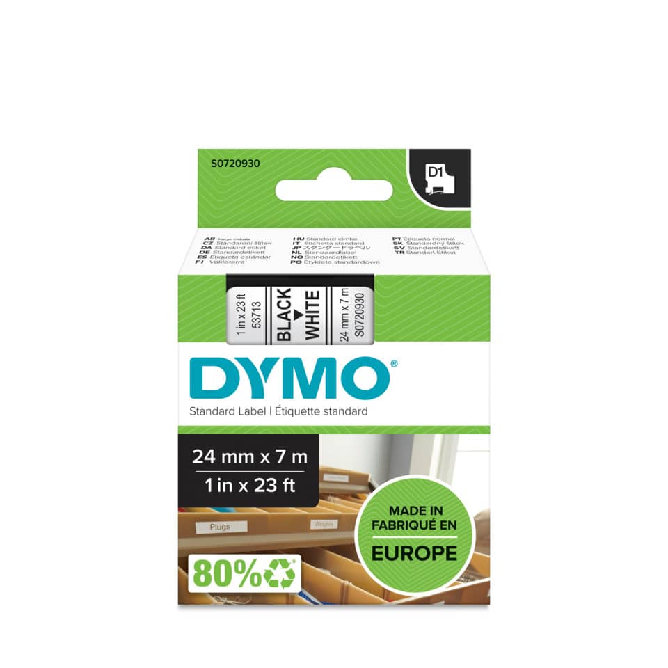 Dymo-Etiketten, Beschriftungsband, Schwarz-Weiß, 24 mm x 7 m, Made in Europe