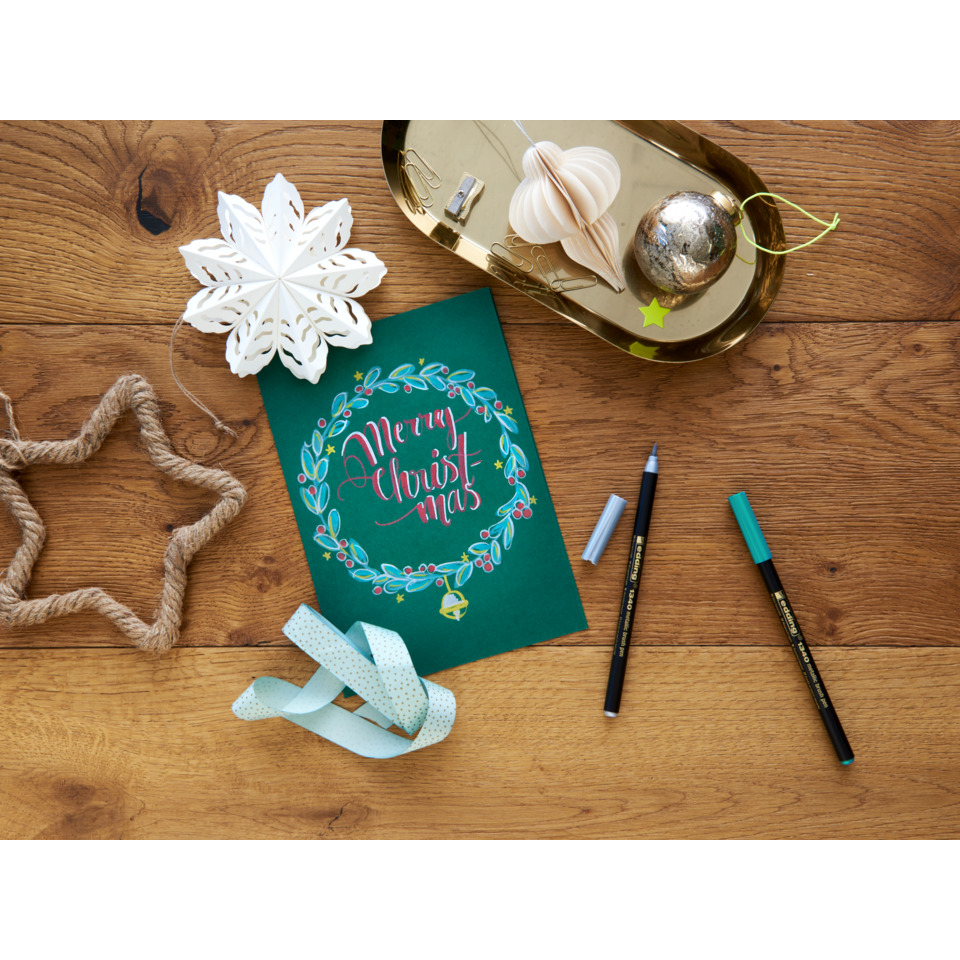 Weihnachtskarte, grüne Karte, Kranz, Handschrift, Marker