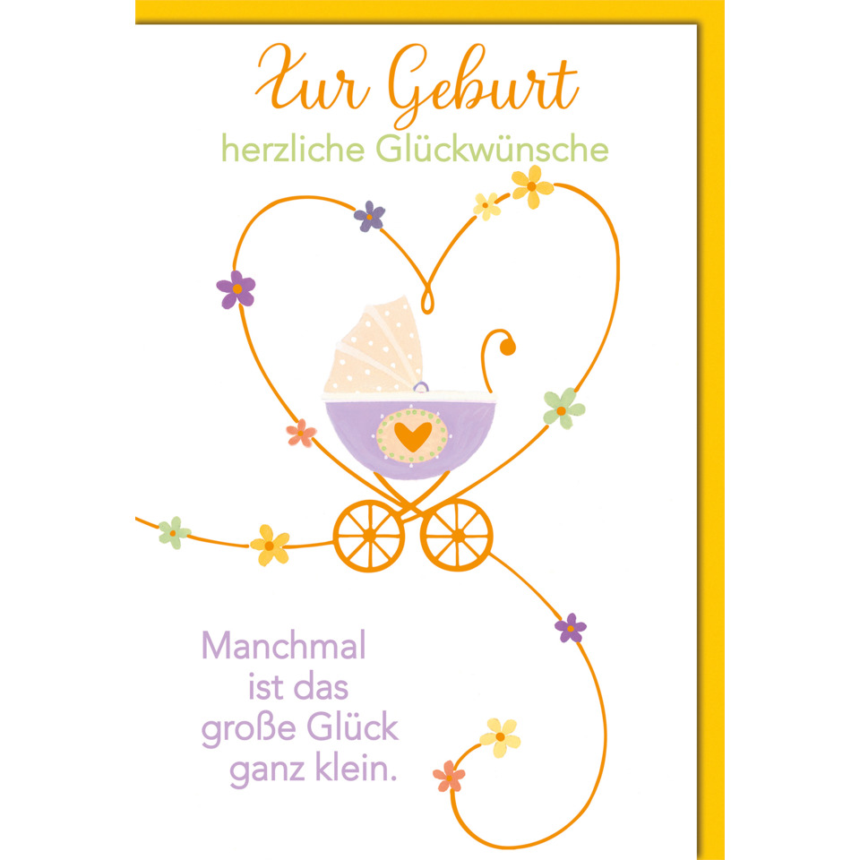 baby-stroller, herz-rahmen, blumen, lila-babywagen, geburtstagskarte