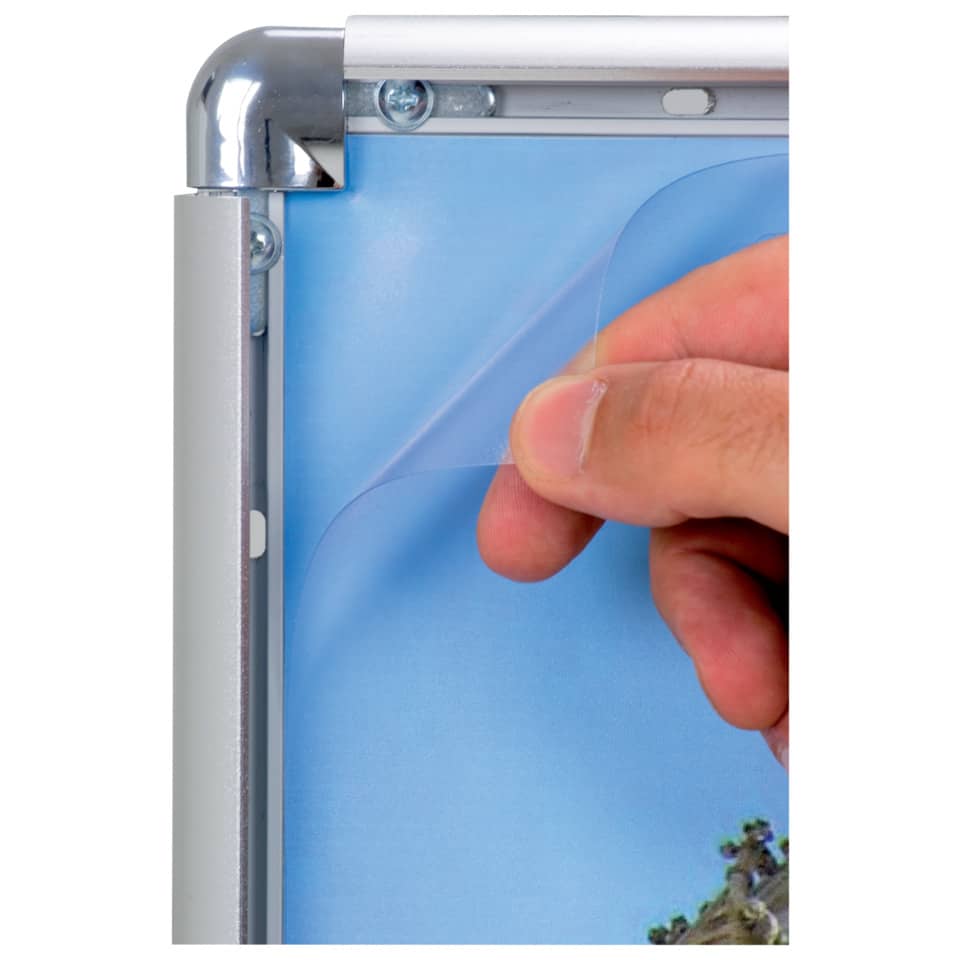 Screen protector, Phone frame, Metal hinge, Blue background, Corner detail